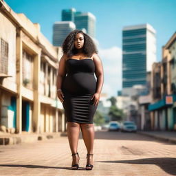 A young, chubby Black girl with long curly brown hair, wearing a short, tight black dress and high heels