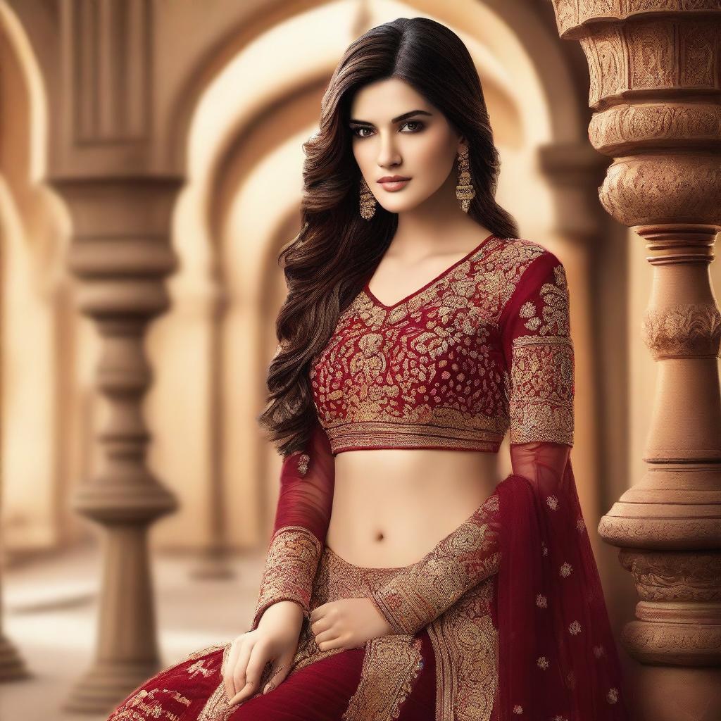 A realistic portrait of Kriti Sanon, the famous Indian actress, with a glamorous and elegant look