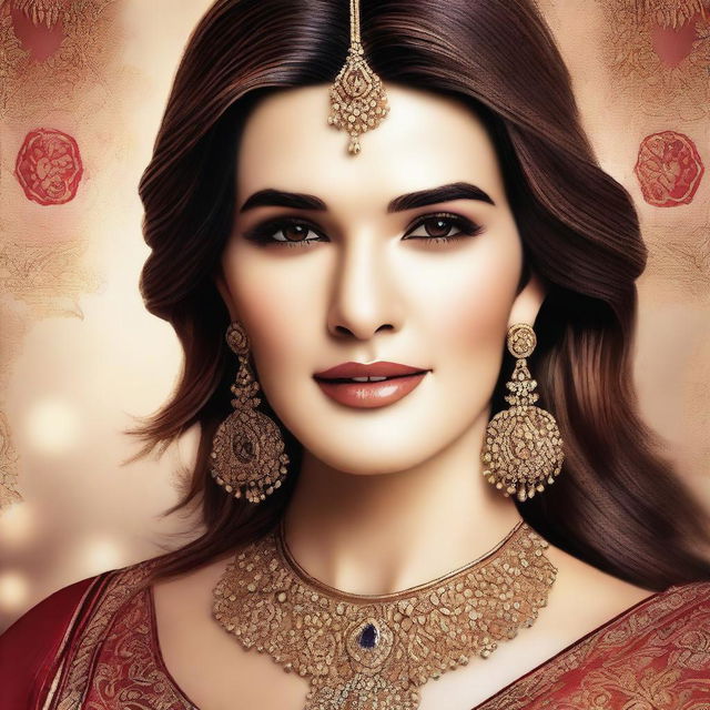 A realistic portrait of Kriti Sanon, the famous Indian actress, with a glamorous and elegant look