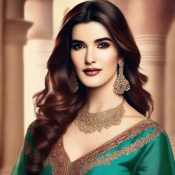 A realistic portrait of Kriti Sanon, the famous Indian actress, with a glamorous and elegant look