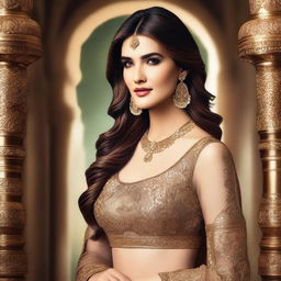 A realistic portrait of Kriti Sanon, the famous Indian actress, with a glamorous and elegant look