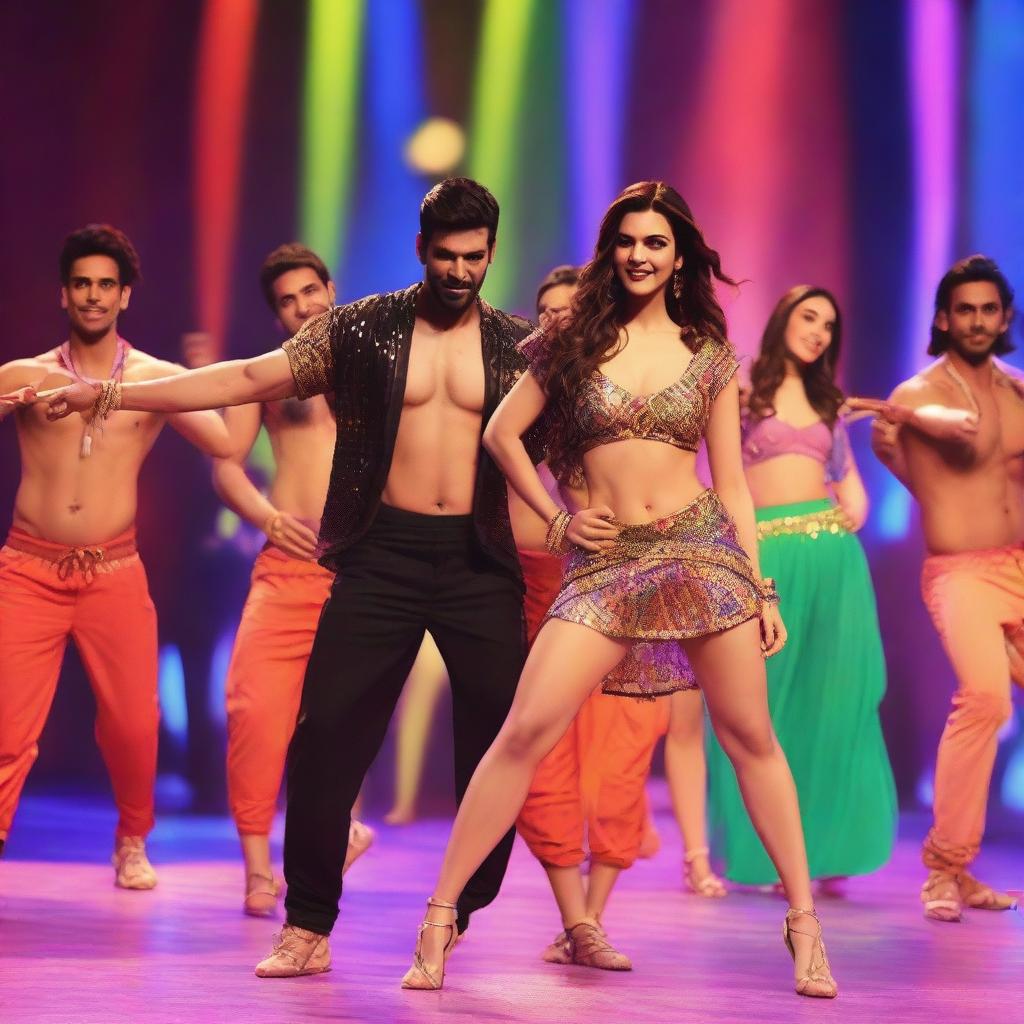 An energetic and vibrant scene featuring Kriti Sanon performing an item song with male dancers