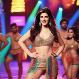 An energetic and vibrant scene featuring Kriti Sanon performing an item song with male dancers