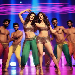 A dynamic scene featuring Kriti Sanon performing an item song with male dancers