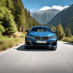 A high-resolution image of a sleek, modern BMW car parked on a scenic mountain road