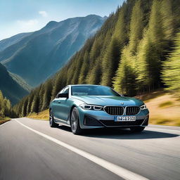 A high-resolution image of a sleek, modern BMW car parked on a scenic mountain road