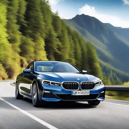 A high-resolution image of a sleek, modern BMW car parked on a scenic mountain road