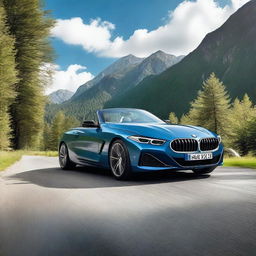 A high-resolution image of a sleek, modern BMW car parked on a scenic mountain road