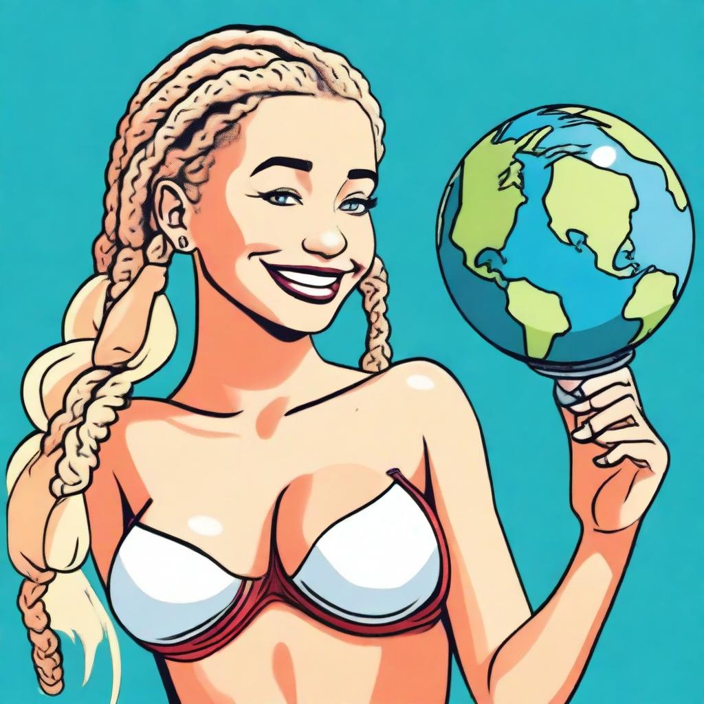 A mischievous blonde woman with braids, wearing a bikini, is holding a shrunken down tiny Earth in one hand and a shrink ray in the other