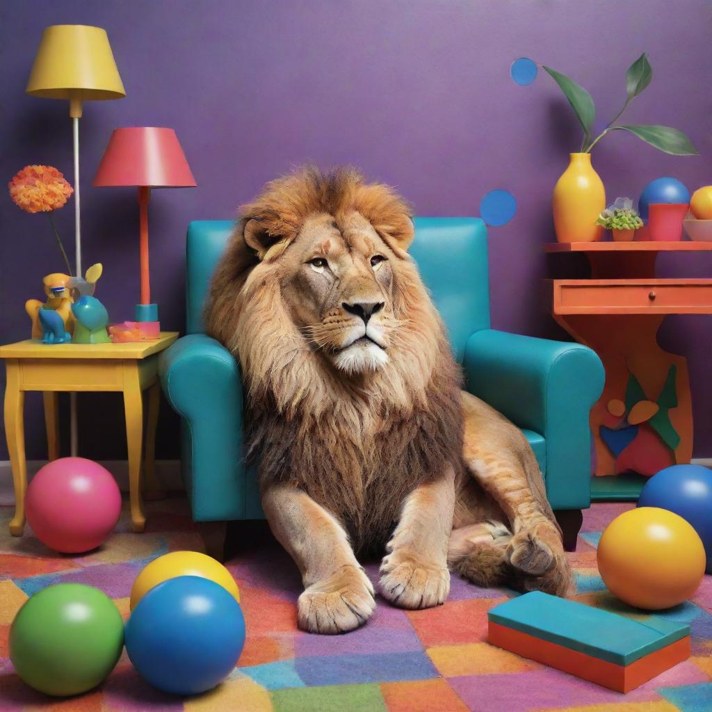 A stylized cartoon image of a peacefully resting lion under an assortment of colorful, exaggerated furniture pieces, evoking a surreal, magical atmosphere.