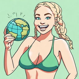 A mischievous blonde woman with braids, wearing a bikini, is holding a shrunken down tiny Earth in one hand and a shrink ray in the other