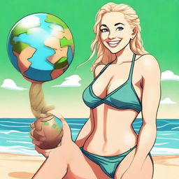 A mischievous blonde woman with braids, wearing a bikini, is holding a shrunken down tiny Earth in one hand and a shrink ray in the other