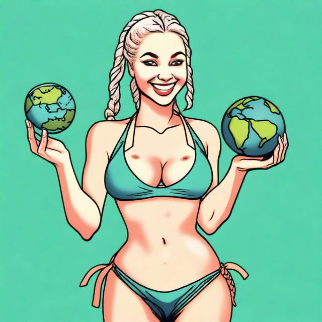 A mischievous blonde woman with braids, wearing a bikini, is holding a shrunken down tiny Earth in one hand and a shrink ray in the other