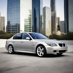 A high-resolution image of a BMW E60 model parked in an urban setting