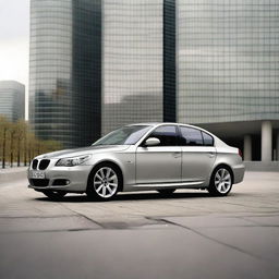 A high-resolution image of a BMW E60 model parked in an urban setting