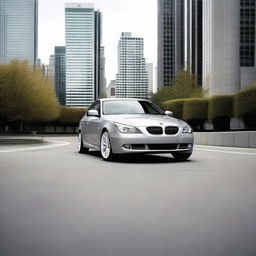 A high-resolution image of a BMW E60 model parked in an urban setting