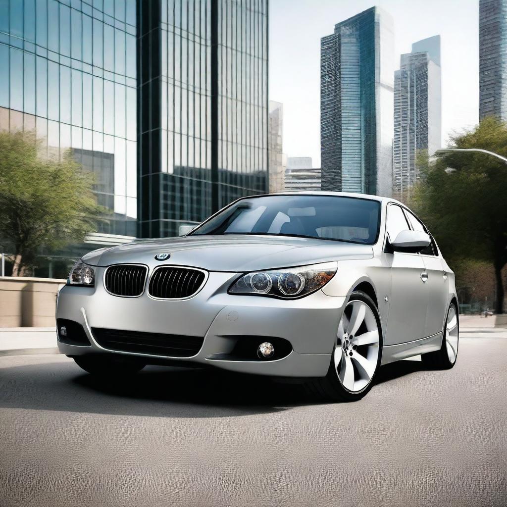 A high-resolution image of a BMW E60 model parked in an urban setting