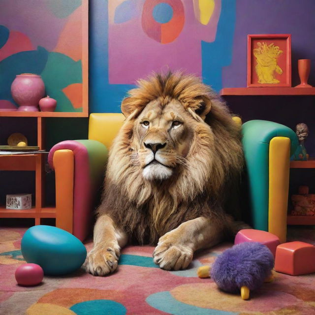 A stylized cartoon image of a peacefully resting lion under an assortment of colorful, exaggerated furniture pieces, evoking a surreal, magical atmosphere.