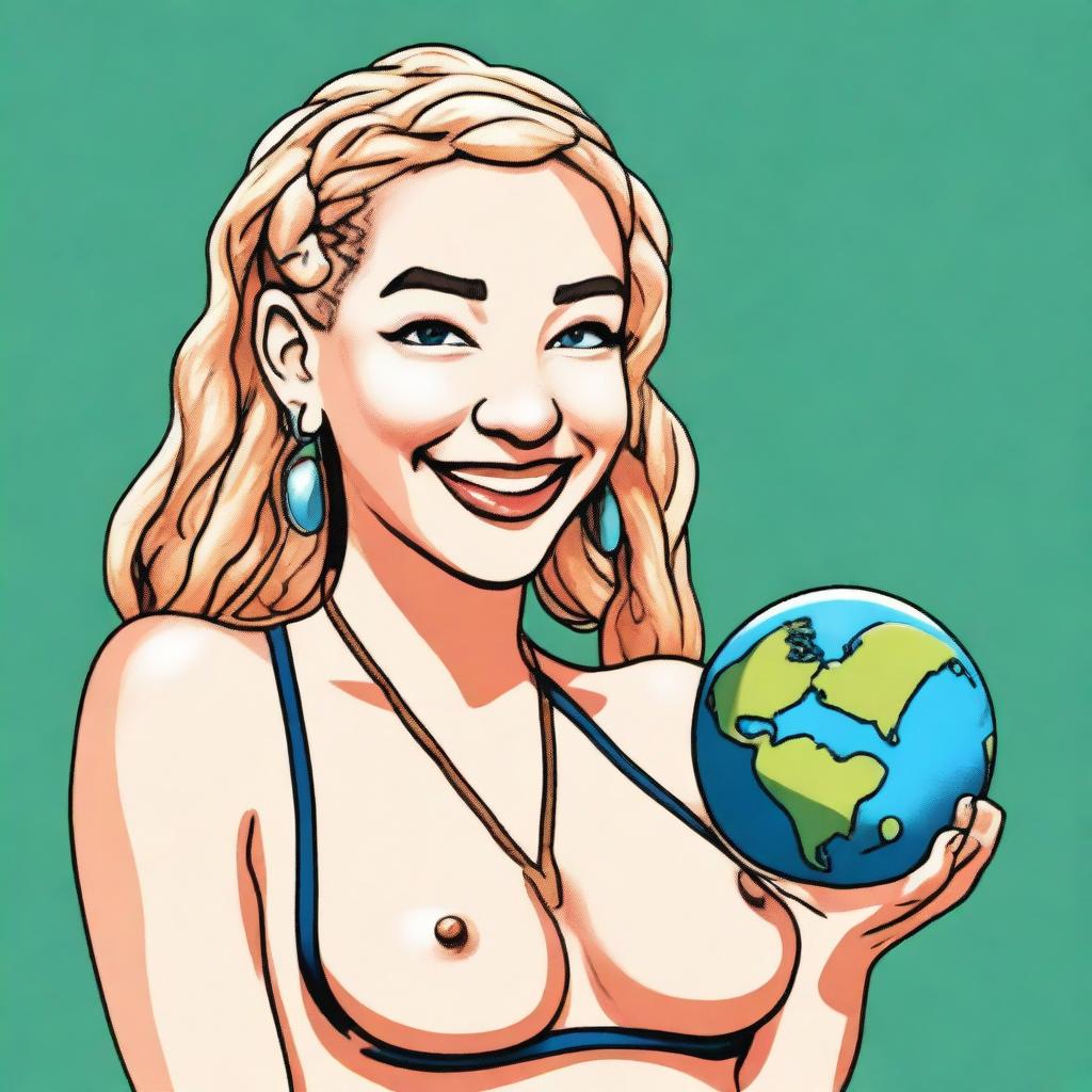 A mischievous blonde woman with braids, wearing a bikini, is holding a shrunken down tiny Earth in one hand and a shrink ray in the other