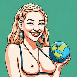 A mischievous blonde woman with braids, wearing a bikini, is holding a shrunken down tiny Earth in one hand and a shrink ray in the other