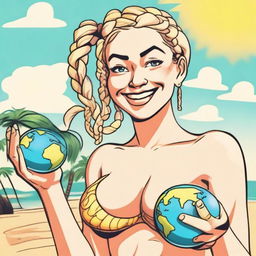 A mischievous blonde woman with braids, wearing a bikini, is holding a shrunken down tiny Earth in one hand and a shrink ray in the other