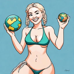 A mischievous blonde woman with braids, wearing a bikini, is holding a shrunken down tiny Earth in one hand and a shrink ray in the other