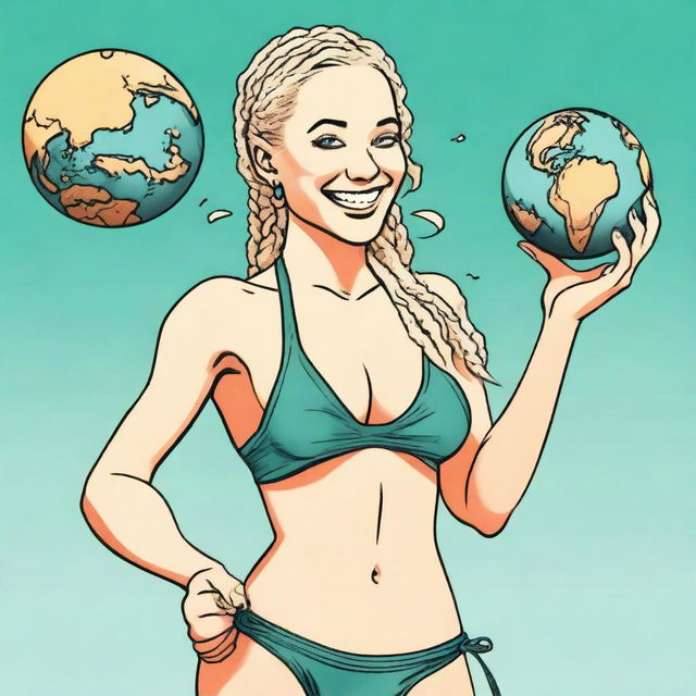 A mischievous blonde woman with braids, wearing a bikini, is holding a shrunken down tiny Earth in one hand and a shrink ray in the other