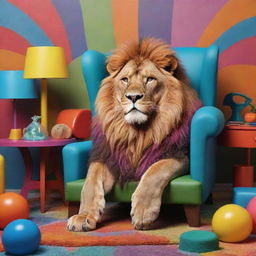 A stylized cartoon image of a peacefully resting lion under an assortment of colorful, exaggerated furniture pieces, evoking a surreal, magical atmosphere.