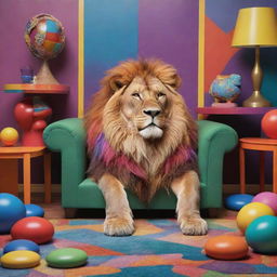 A stylized cartoon image of a peacefully resting lion under an assortment of colorful, exaggerated furniture pieces, evoking a surreal, magical atmosphere.