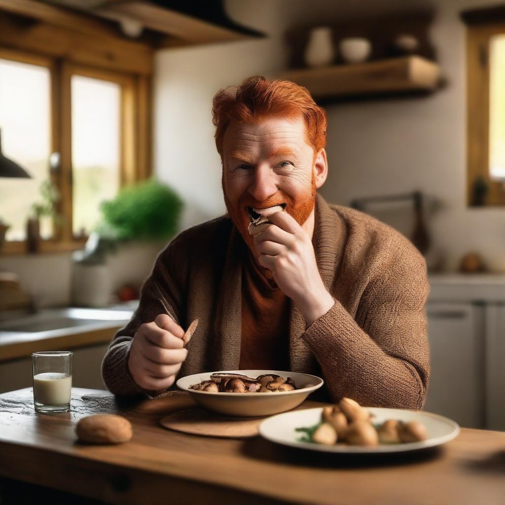 A ginger person eating mushrooms in a cozy kitchen setting