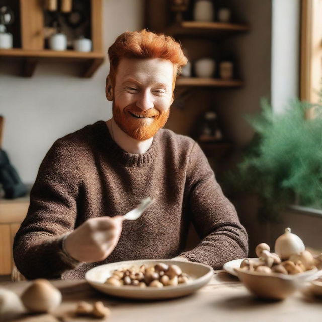 A ginger person eating mushrooms in a cozy kitchen setting