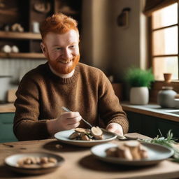 A ginger person eating mushrooms in a cozy kitchen setting