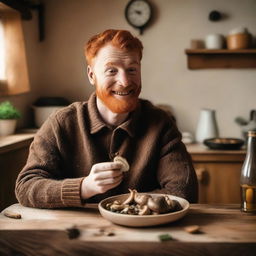 A ginger person eating mushrooms in a cozy kitchen setting