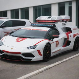 Lamborghini cars redesigned as fast response ambulances, featuring a white and red color scheme, emergency lights and medical symbols.