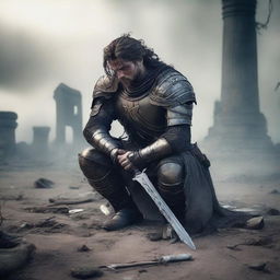 A defeated warrior kneeling on the ground, looking weary and exhausted