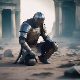 A defeated warrior kneeling on the ground, looking weary and exhausted