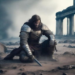 A defeated warrior kneeling on the ground, looking weary and exhausted