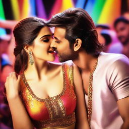 Kriti Sanon being kissed on the cheek by a male dancer during a lively dance performance