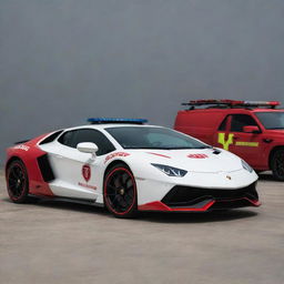 Lamborghini cars redesigned as fast response ambulances, featuring a white and red color scheme, emergency lights and medical symbols.