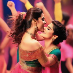 Kriti Sanon being kissed on the cheek by a male dancer during a lively dance performance