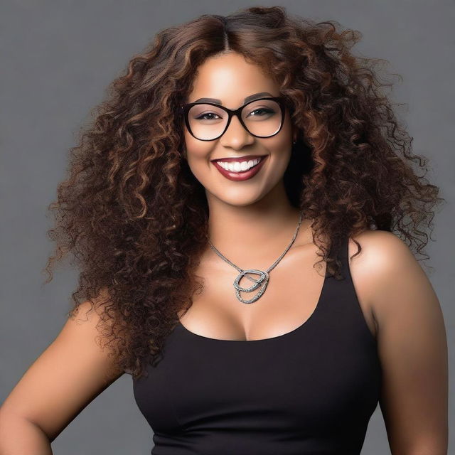 A young, elegant Black mulatto girl with glasses, wide hips, large thighs, medium-sized breasts, and a large butt