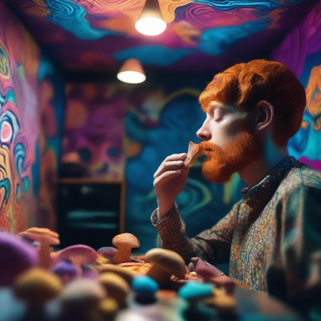 A ginger person eating psychedelic mushrooms in a dimly lit room