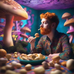 A ginger person eating psychedelic mushrooms in a dimly lit room