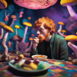 A ginger person eating psychedelic mushrooms in a dimly lit room