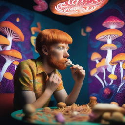 A ginger person eating psychedelic mushrooms in a dimly lit room