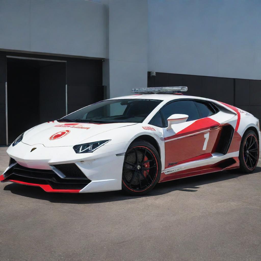 Lamborghini cars redesigned as fast response ambulances, featuring a white and red color scheme, emergency lights and medical symbols.