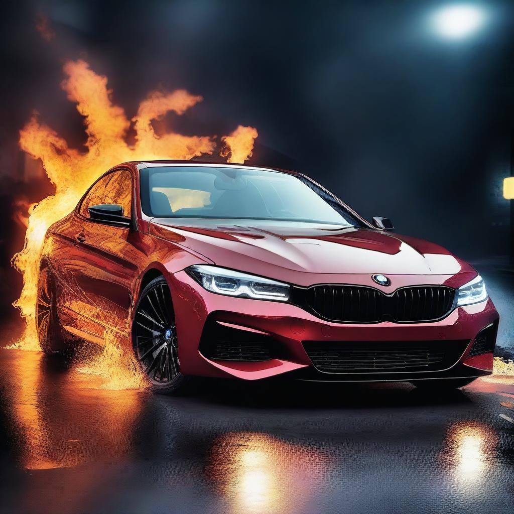 A sleek BMW car engulfed in vibrant flames, with detailed fire effects showing the intensity and movement of the flames around the vehicle