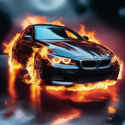 A sleek BMW car engulfed in vibrant flames, with detailed fire effects showing the intensity and movement of the flames around the vehicle