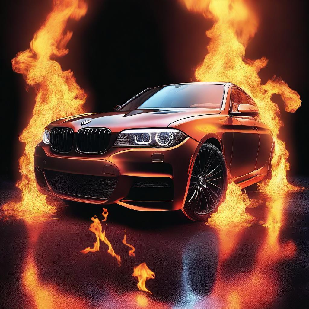 A sleek BMW car engulfed in vibrant flames, with detailed fire effects showing the intensity and movement of the flames around the vehicle