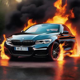 A sleek BMW car engulfed in vibrant flames, with detailed fire effects showing the intensity and movement of the flames around the vehicle